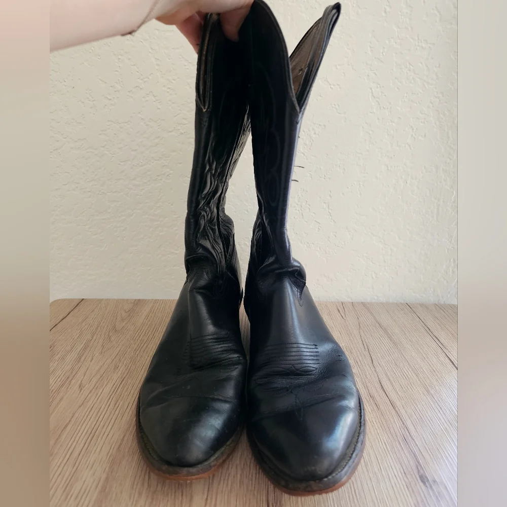 Abilene Cowboy Western Festival Floral Embroidered Black Leather Boots, size 8-9